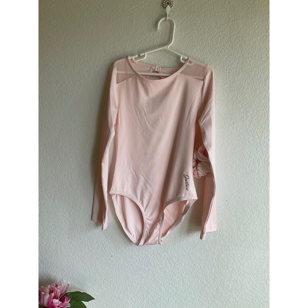 Justice Girls Pink Long Sleeve Leotard with Scrunchie Size L 12/14 Mesh Keyhole